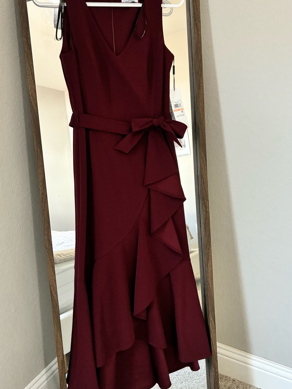 Calvin Klein Sleeveless V-Neck Ruffle Midi Dress in Burgundy